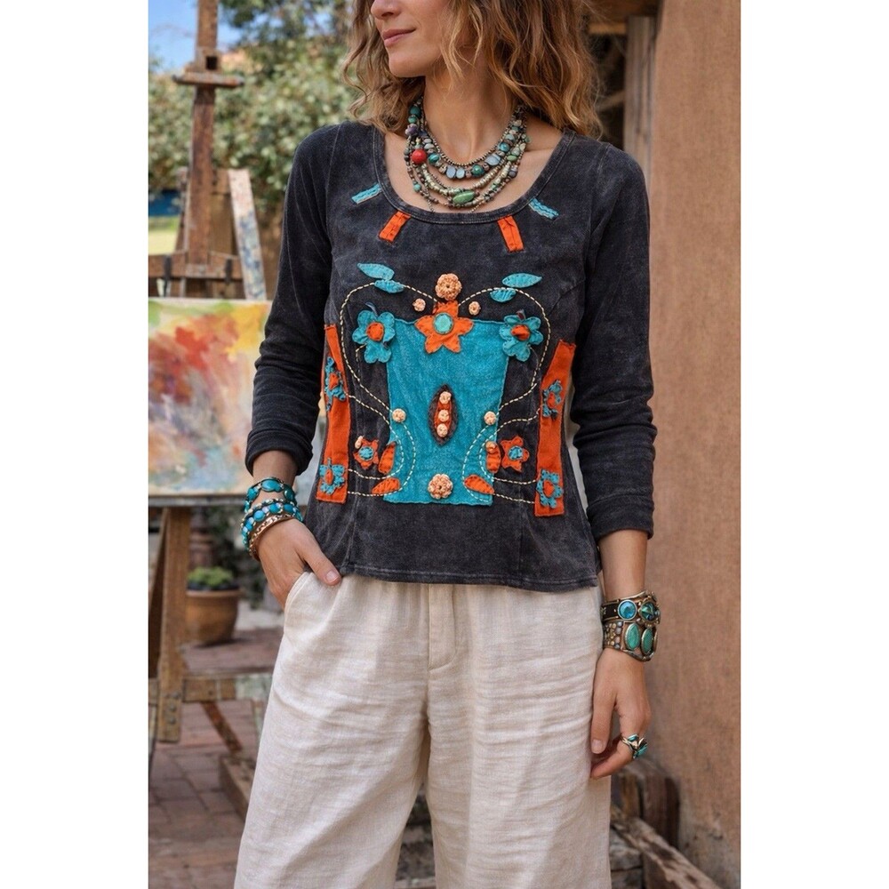 Art Studio Produce Y2K Boho Patchwork Top Cotton Appliqué Size Small